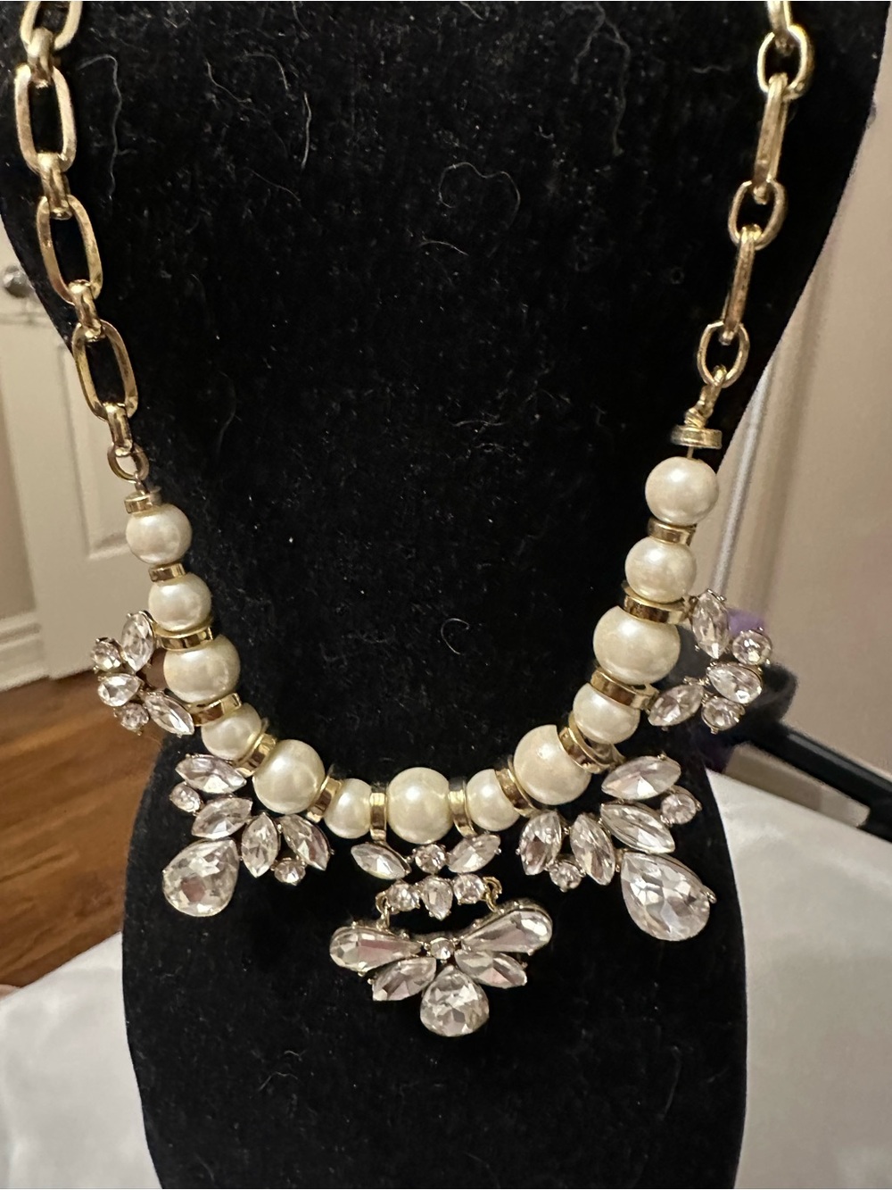 Anne Klein Vintage Gold Tone, Pearl & Clear Crystal Statement Necklace